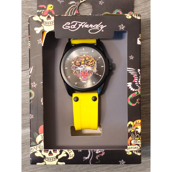 Ed Hardy Men's Matte Yellow Tiger Silicone Strap Watch 46mm NIB - Picture 1 of 3
